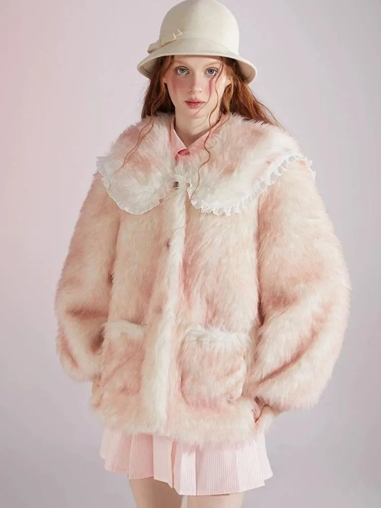 Pink and white gradient double layer collar fur coat【s0000004417】