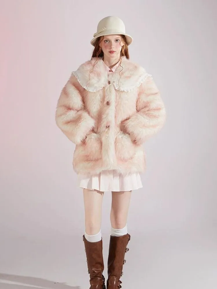 Pink and white gradient double layer collar fur coat【s0000004417】