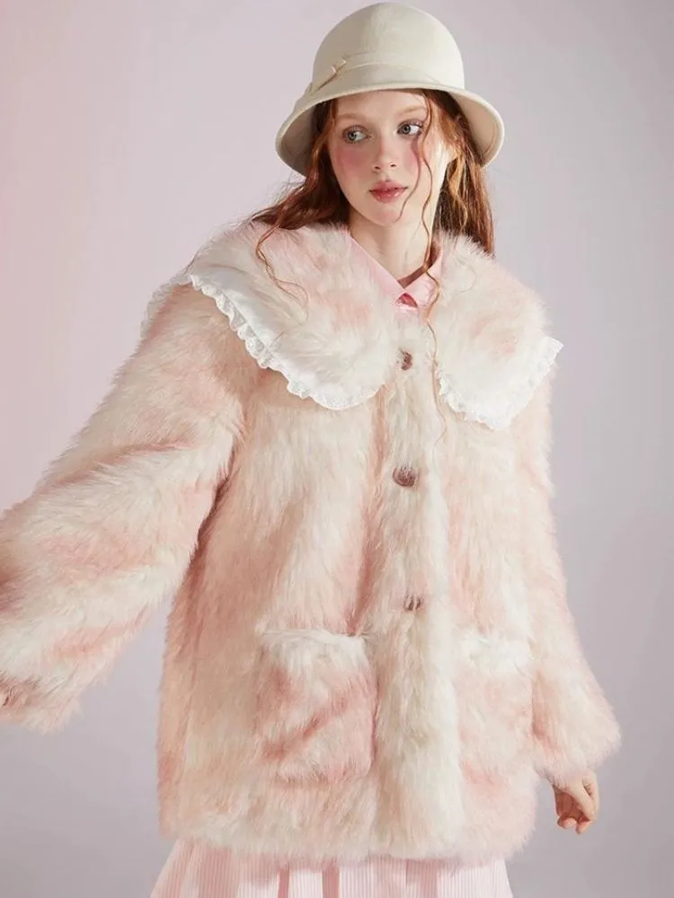 Pink and white gradient double layer collar fur coat【s0000004417】