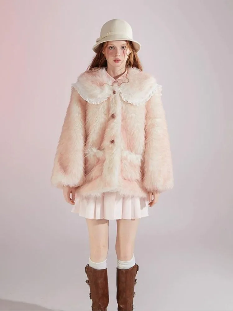 Pink and white gradient double layer collar fur coat【s0000004417】