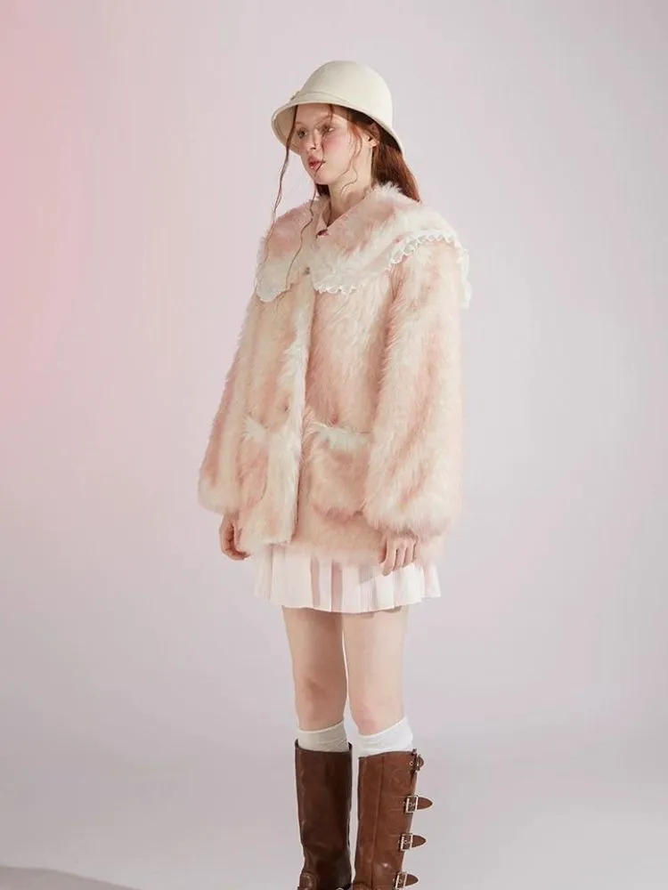 Pink and white gradient double layer collar fur coat【s0000004417】