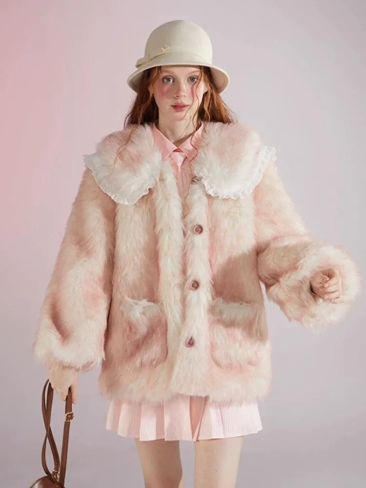 Pink and white gradient double layer collar fur coat【s0000004417】