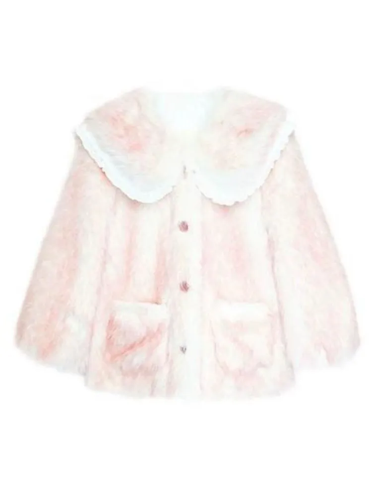 Pink and white gradient double layer collar fur coat【s0000004417】