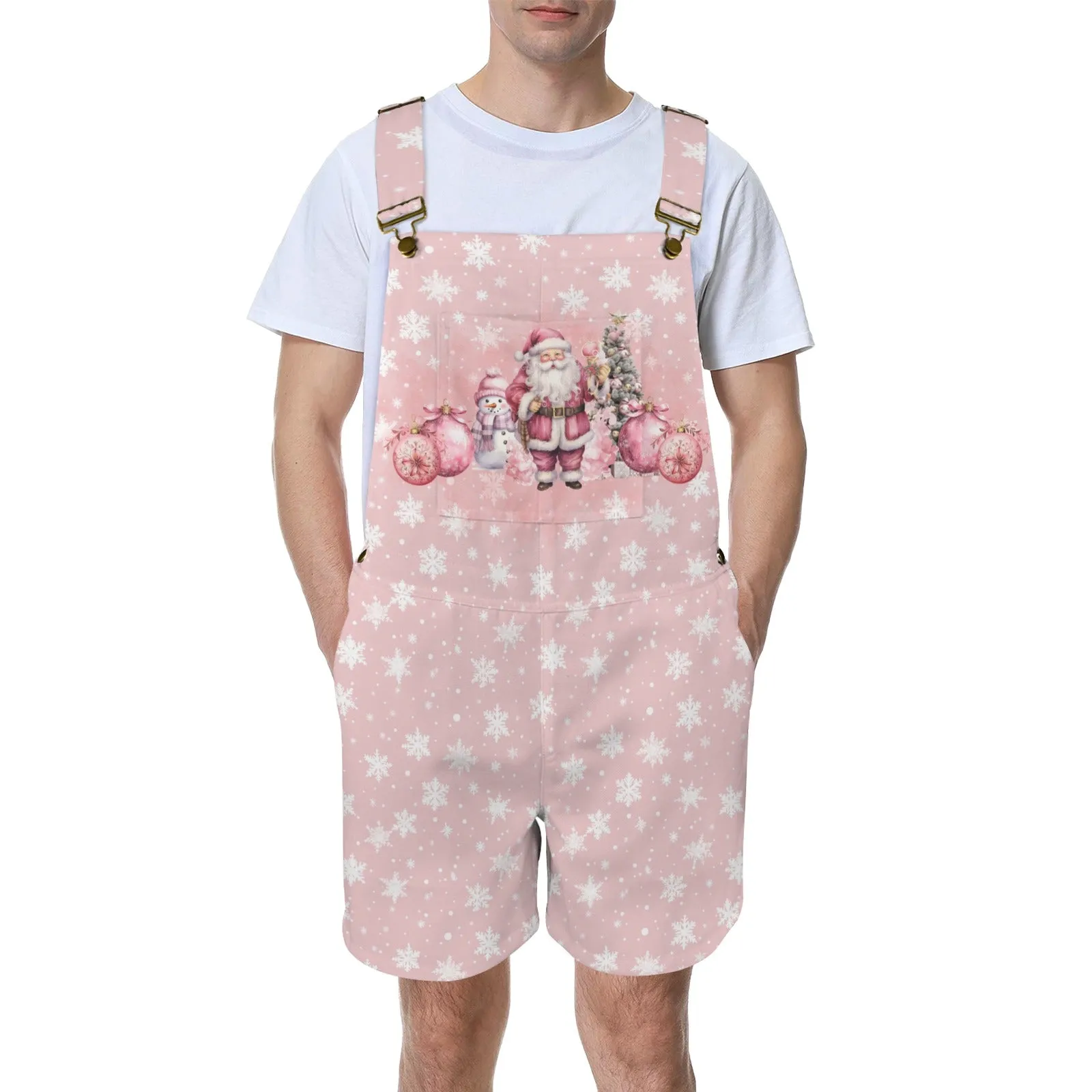 Pink Christmas Santa Unisex Shorts Suspender Jumpsuit