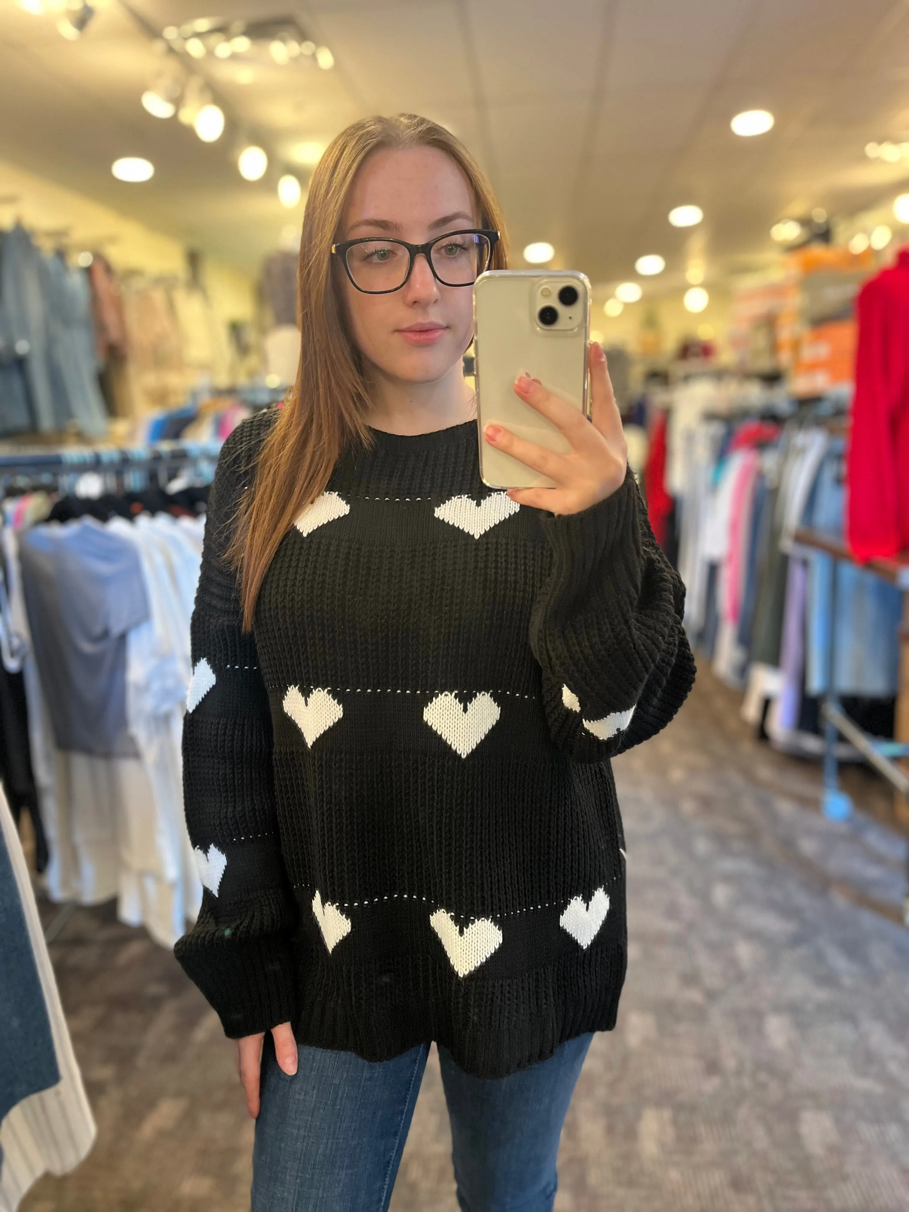 Pistache Black Sweater with Cream Hearts