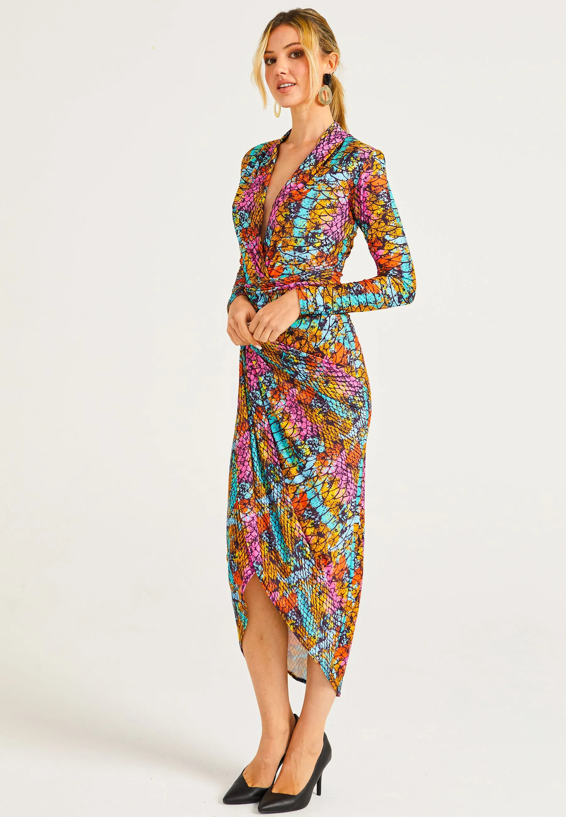 Plunge Neck Faux Wrap Print Midi Dress in Multi Snake