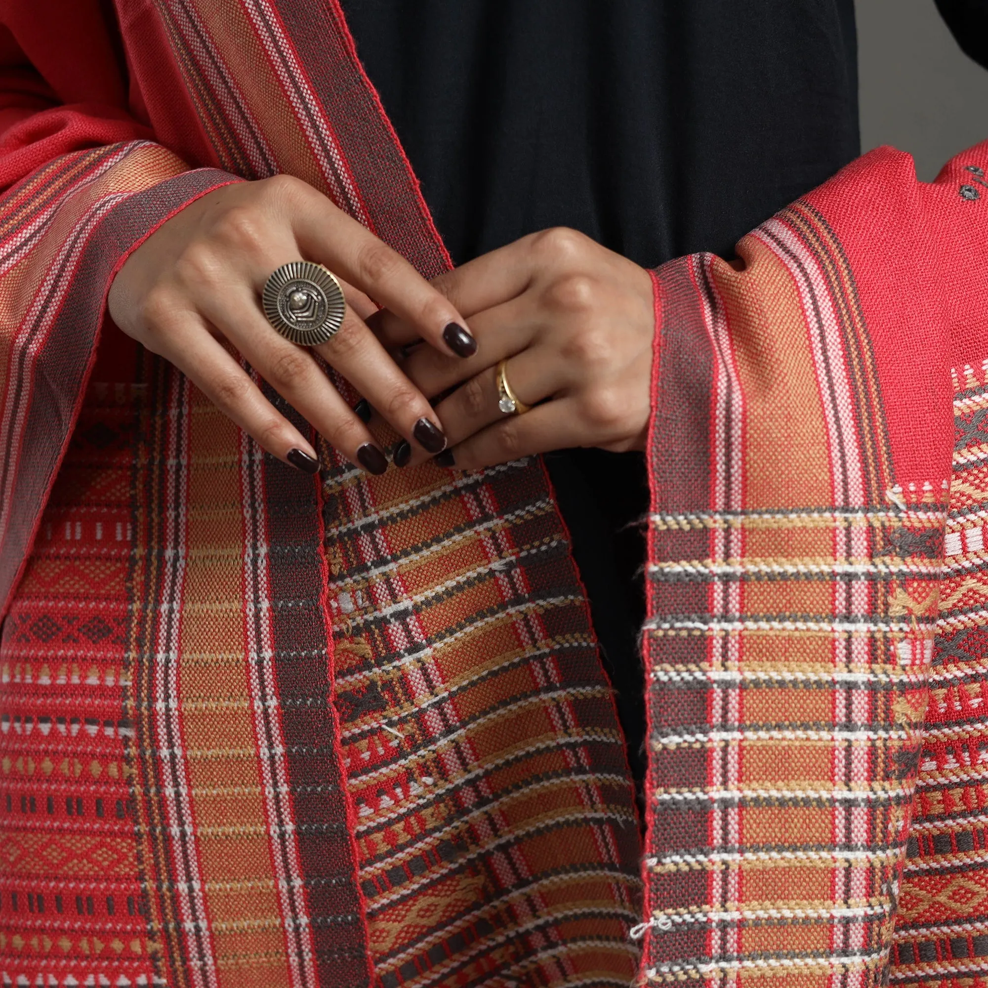 Red - Kutch Handwoven Mirror Work Woollen Shawl 02