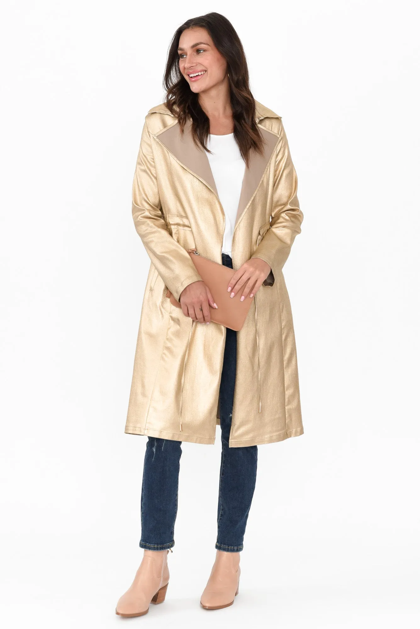 Rois Gold Faux Leather Trench Coat