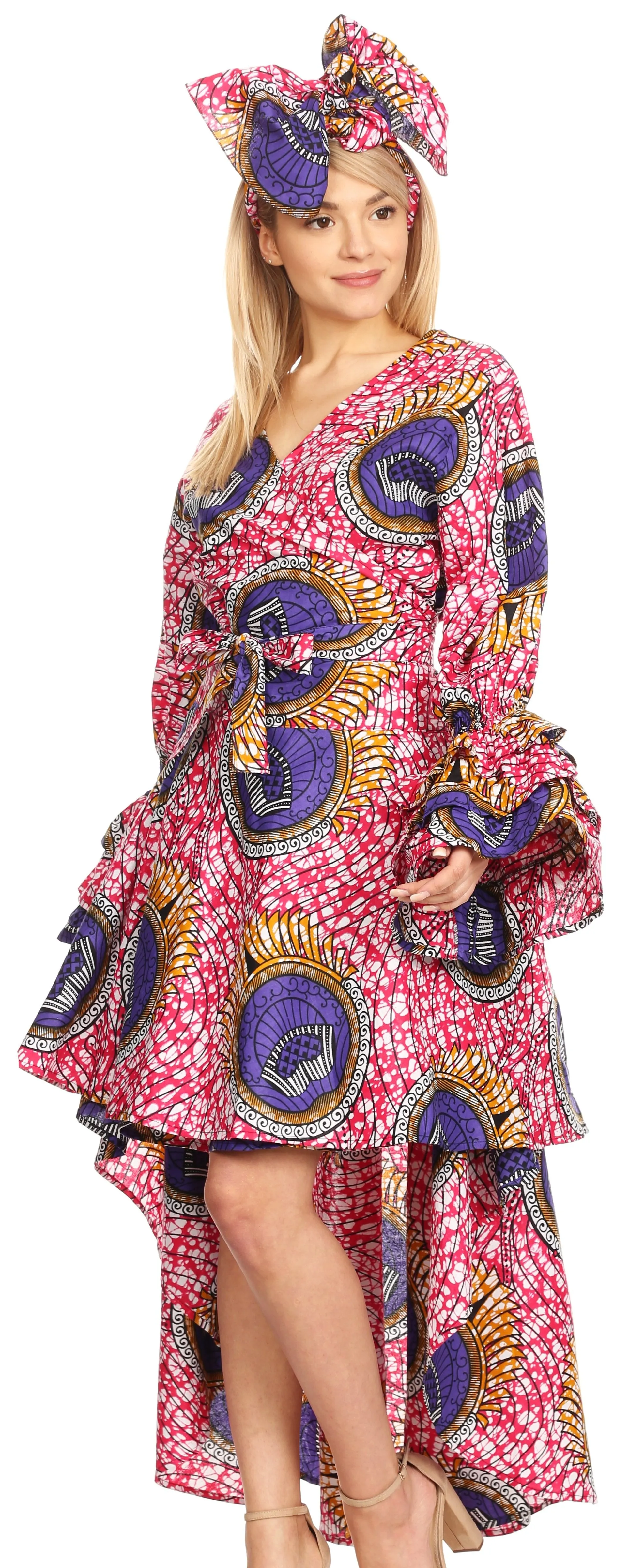 Sakkas Betty Women's Maxi African Ankara Print High-low Wrap Dress Long Sleeve