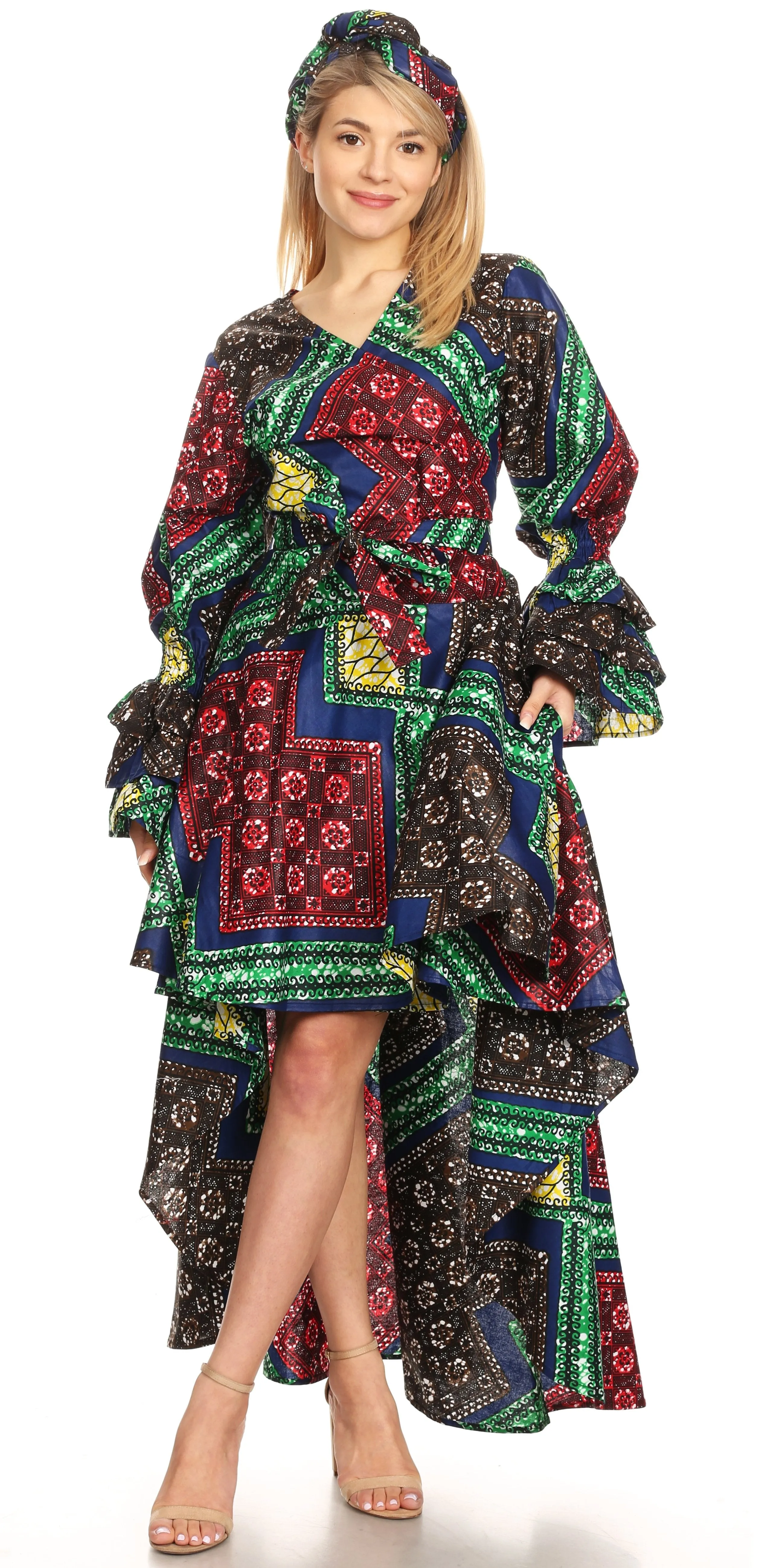 Sakkas Betty Women's Maxi African Ankara Print High-low Wrap Dress Long Sleeve