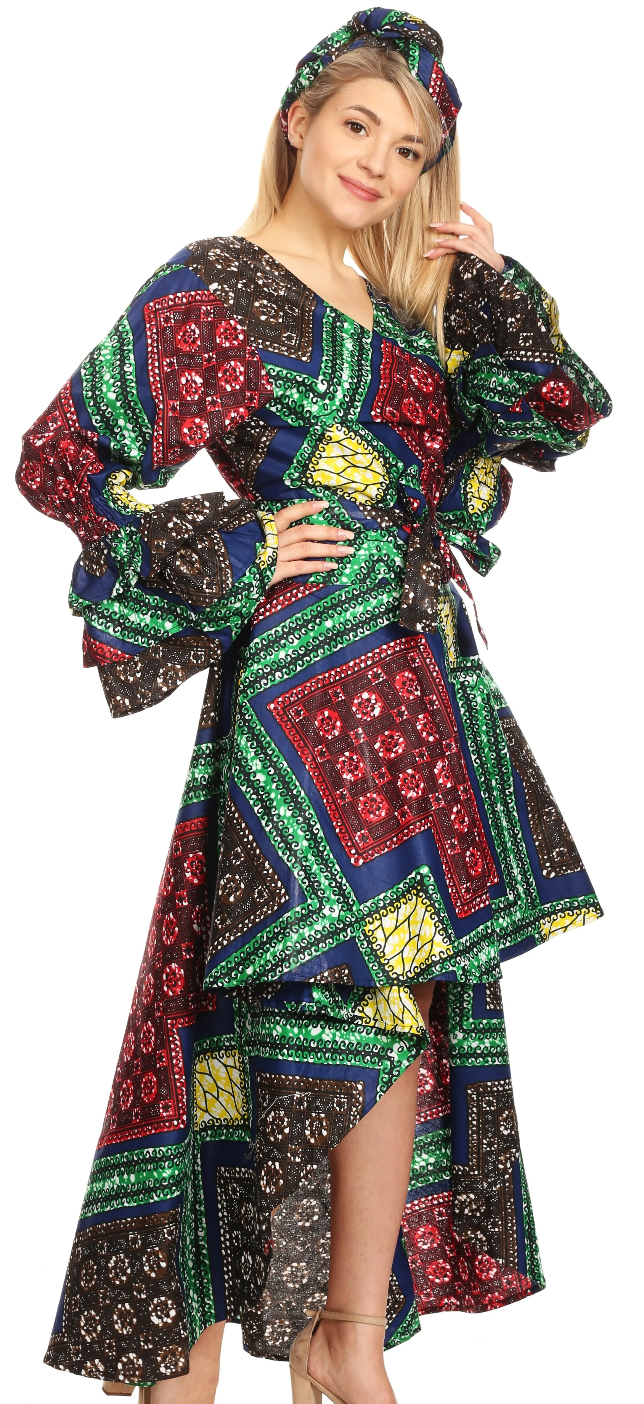 Sakkas Betty Women's Maxi African Ankara Print High-low Wrap Dress Long Sleeve