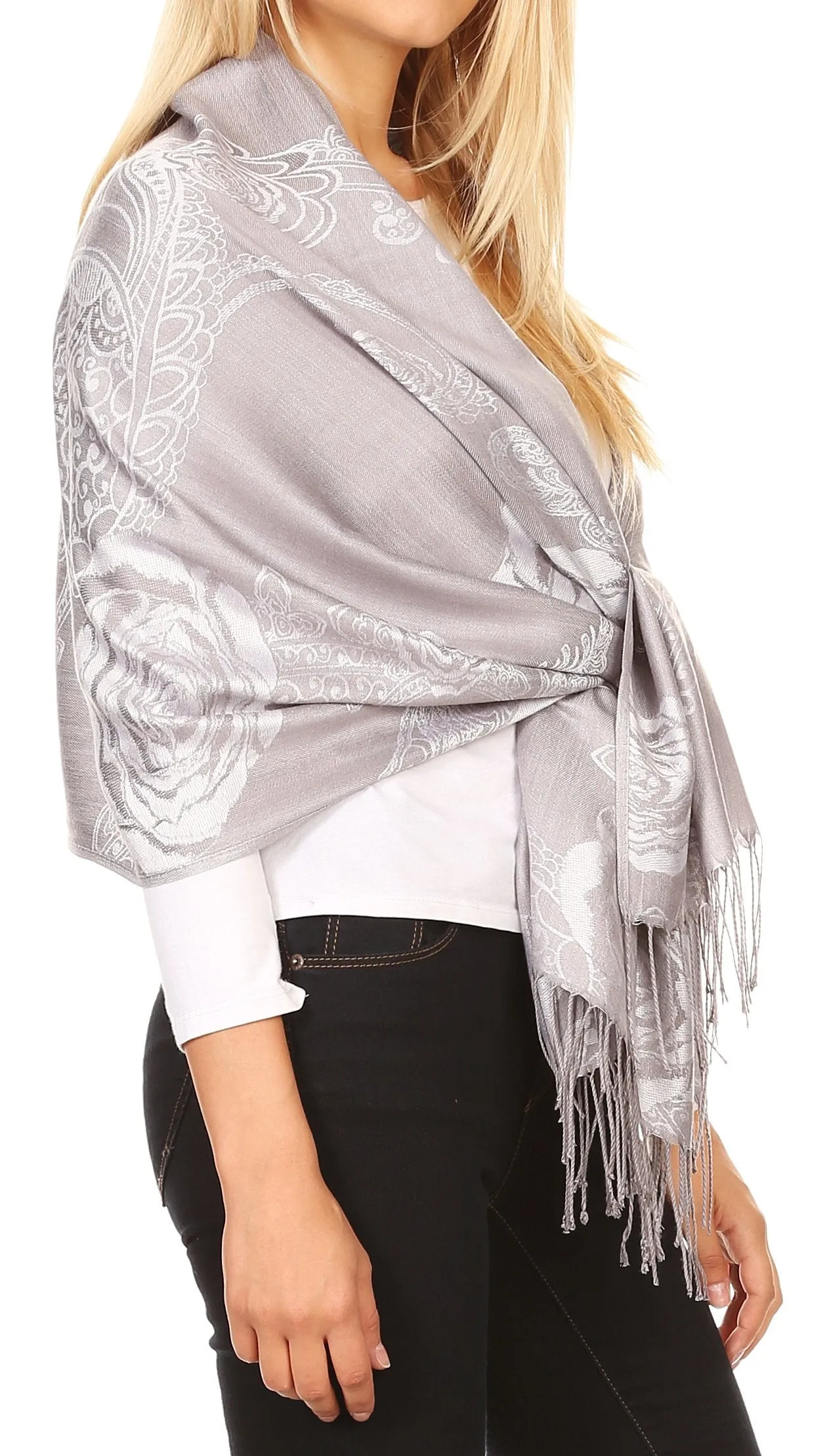 Sakkas Tessa Reversible Rose Brocade Warm Soft Scarf Wrap Stole with Fringe