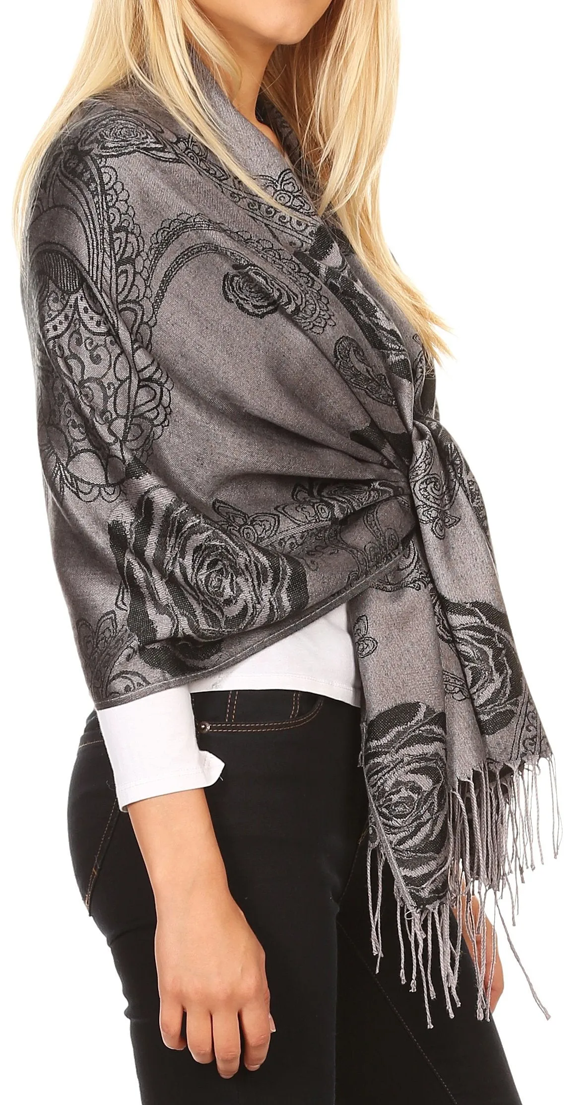 Sakkas Tessa Reversible Rose Brocade Warm Soft Scarf Wrap Stole with Fringe