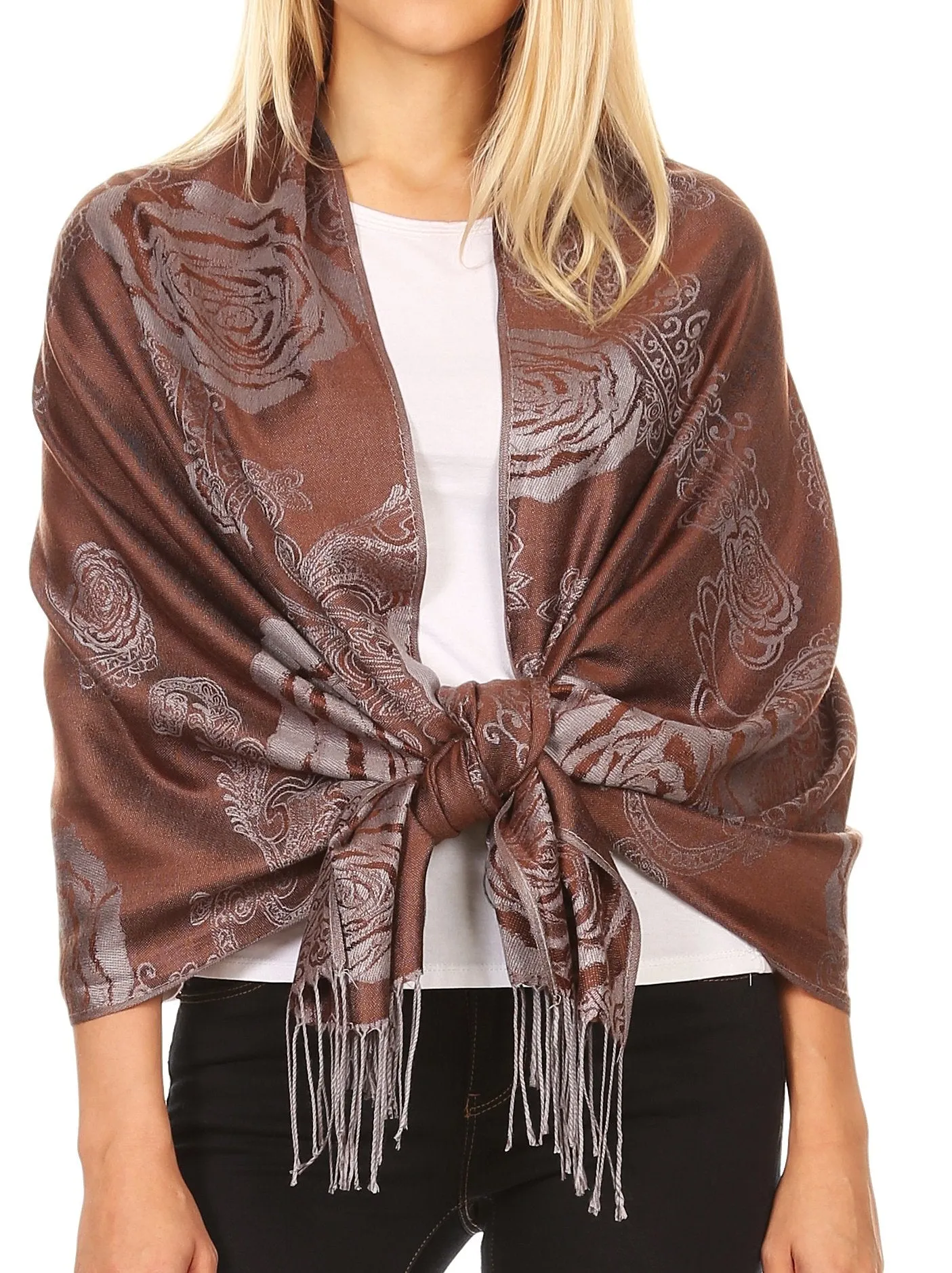 Sakkas Tessa Reversible Rose Brocade Warm Soft Scarf Wrap Stole with Fringe