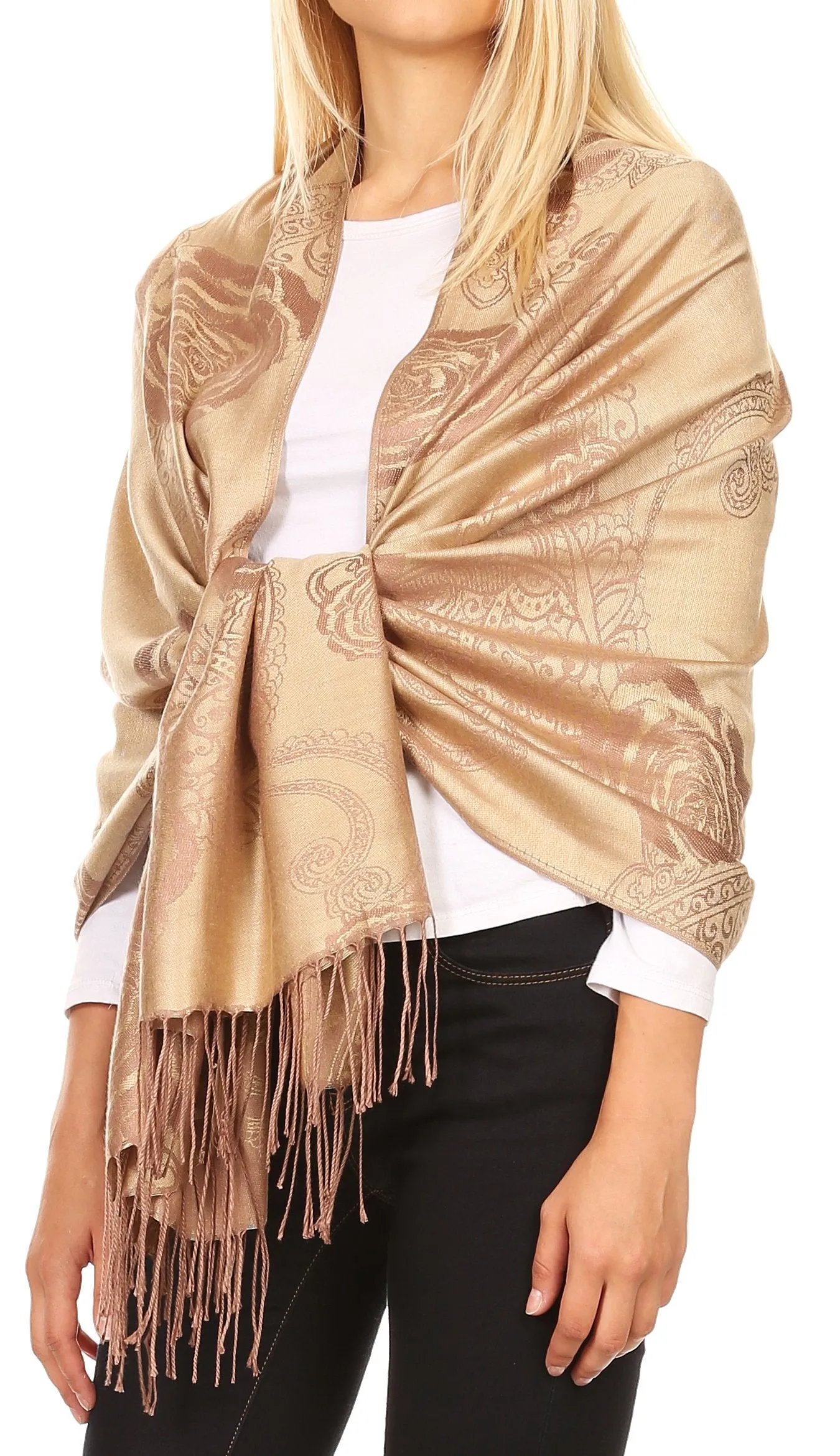 Sakkas Tessa Reversible Rose Brocade Warm Soft Scarf Wrap Stole with Fringe