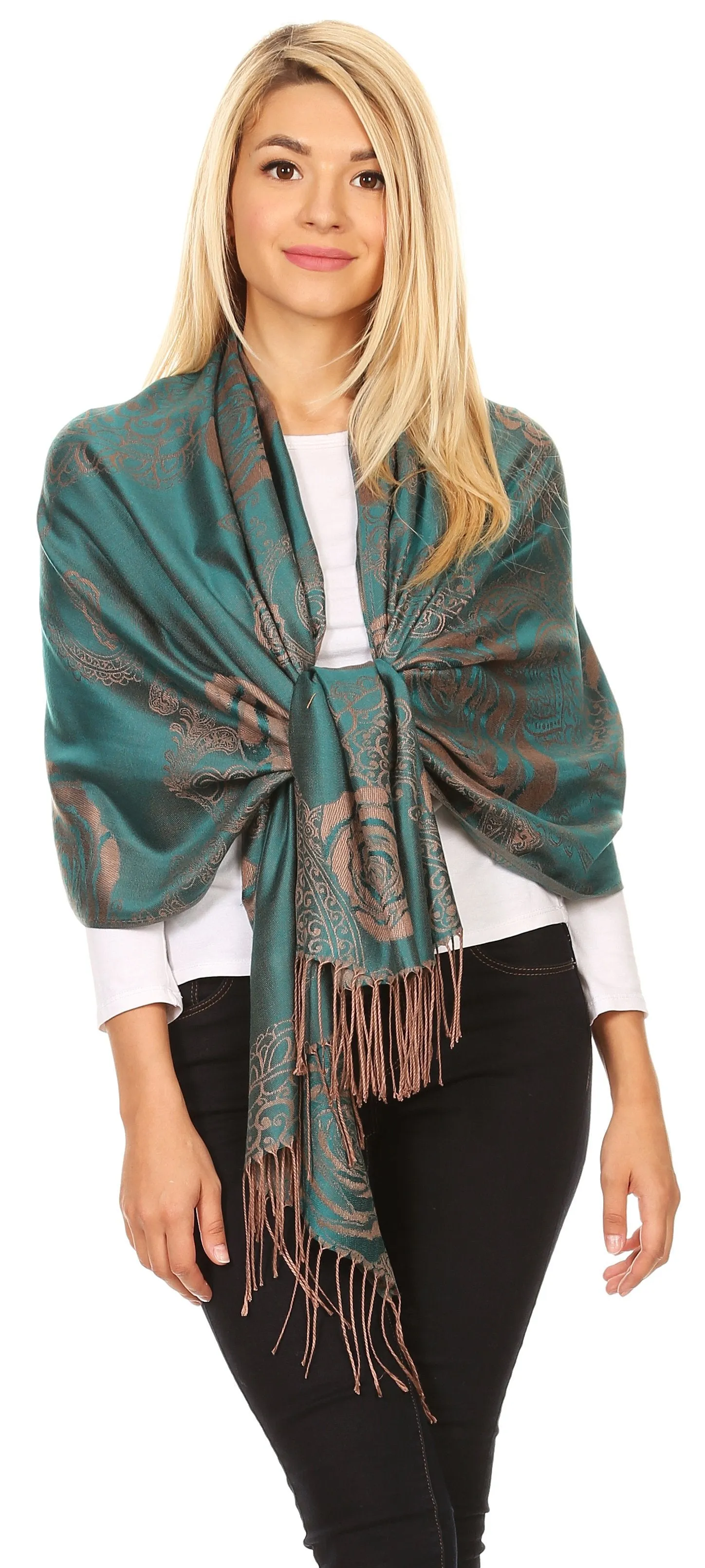 Sakkas Tessa Reversible Rose Brocade Warm Soft Scarf Wrap Stole with Fringe