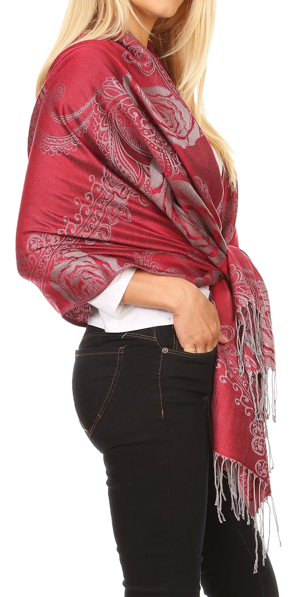 Sakkas Tessa Reversible Rose Brocade Warm Soft Scarf Wrap Stole with Fringe