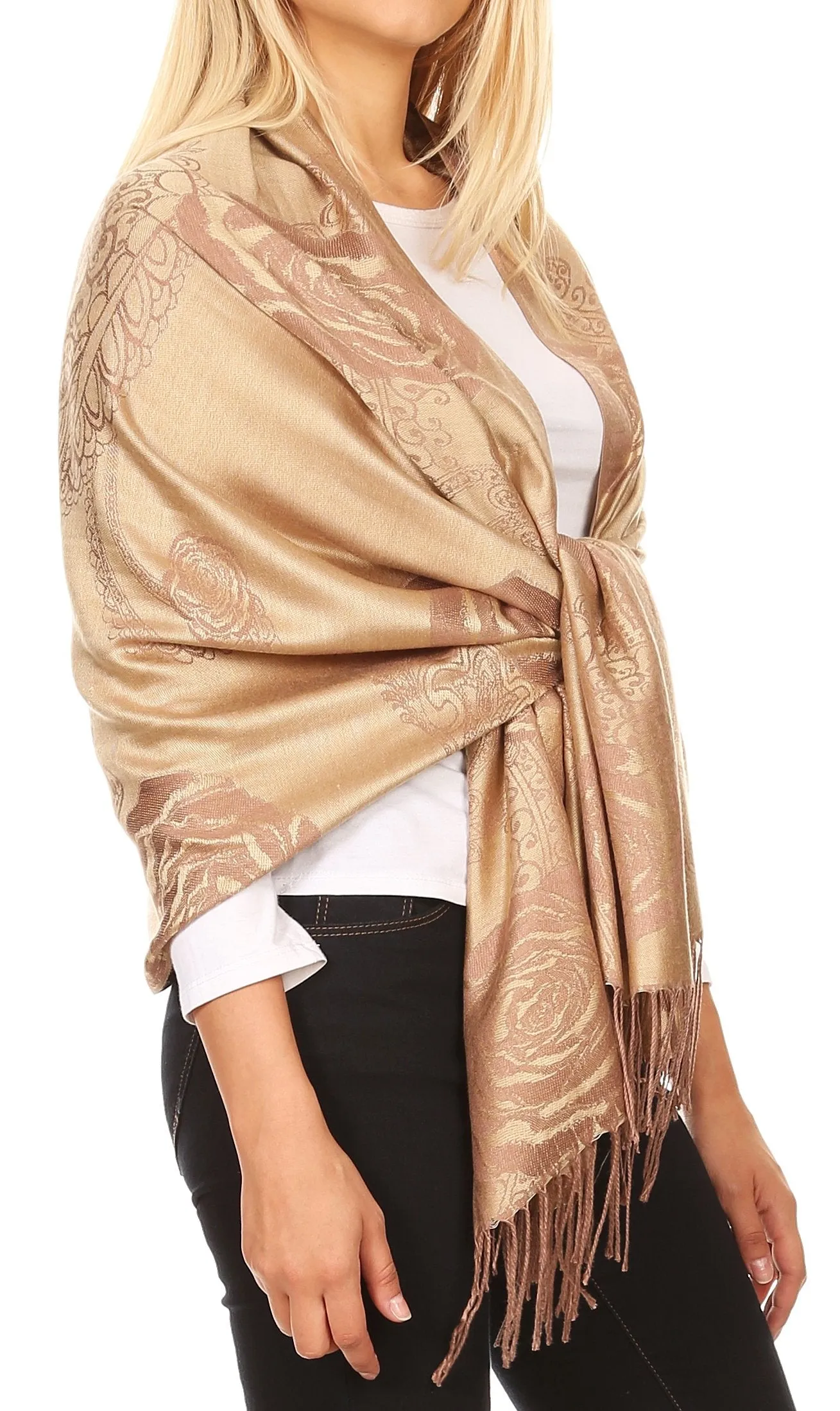 Sakkas Tessa Reversible Rose Brocade Warm Soft Scarf Wrap Stole with Fringe