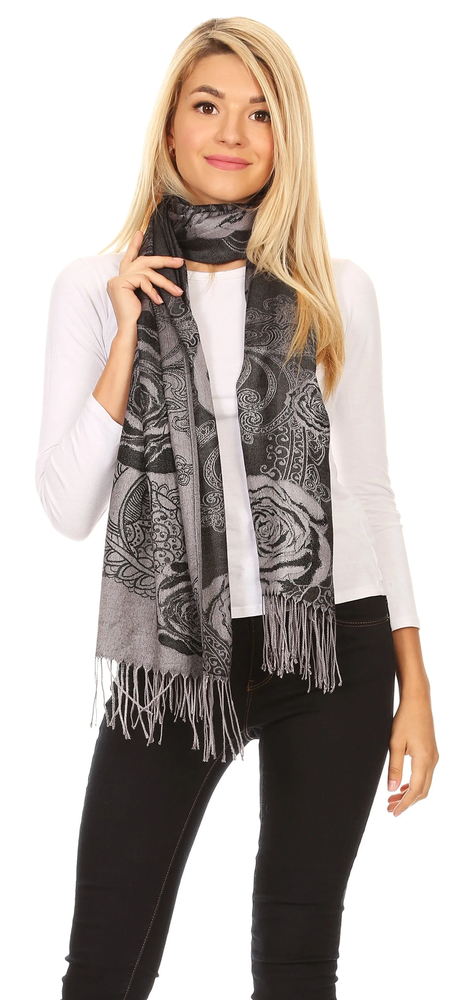 Sakkas Tessa Reversible Rose Brocade Warm Soft Scarf Wrap Stole with Fringe