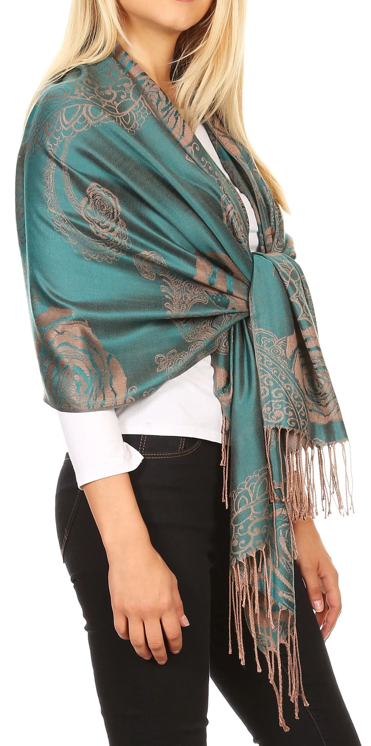 Sakkas Tessa Reversible Rose Brocade Warm Soft Scarf Wrap Stole with Fringe