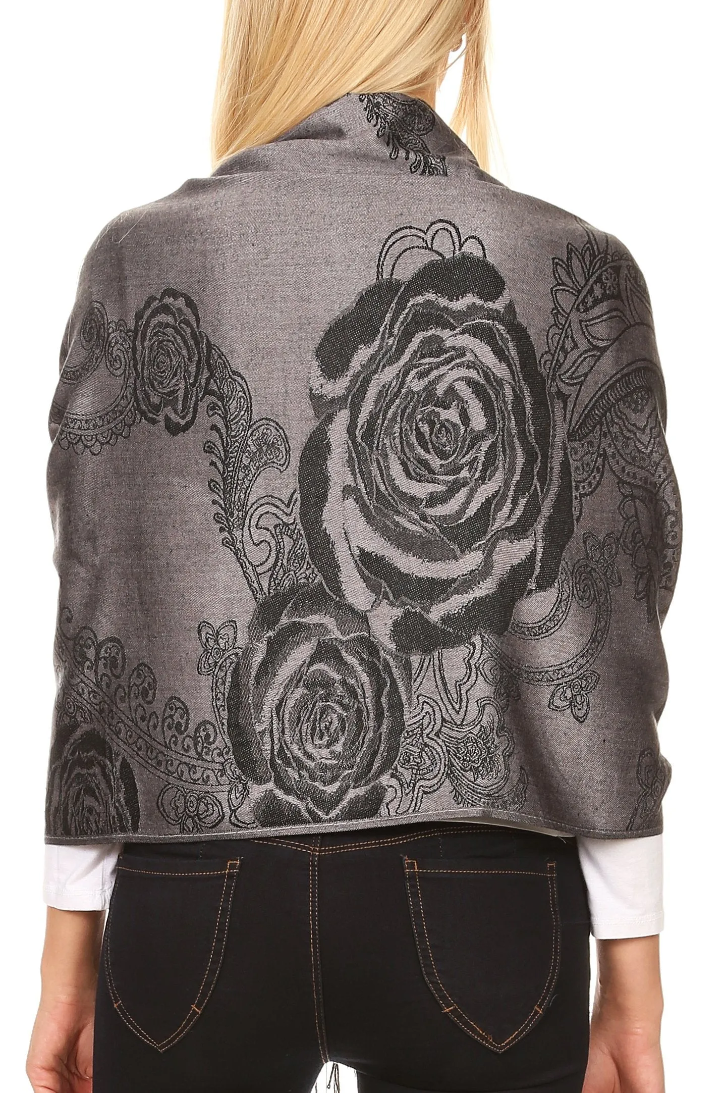 Sakkas Tessa Reversible Rose Brocade Warm Soft Scarf Wrap Stole with Fringe