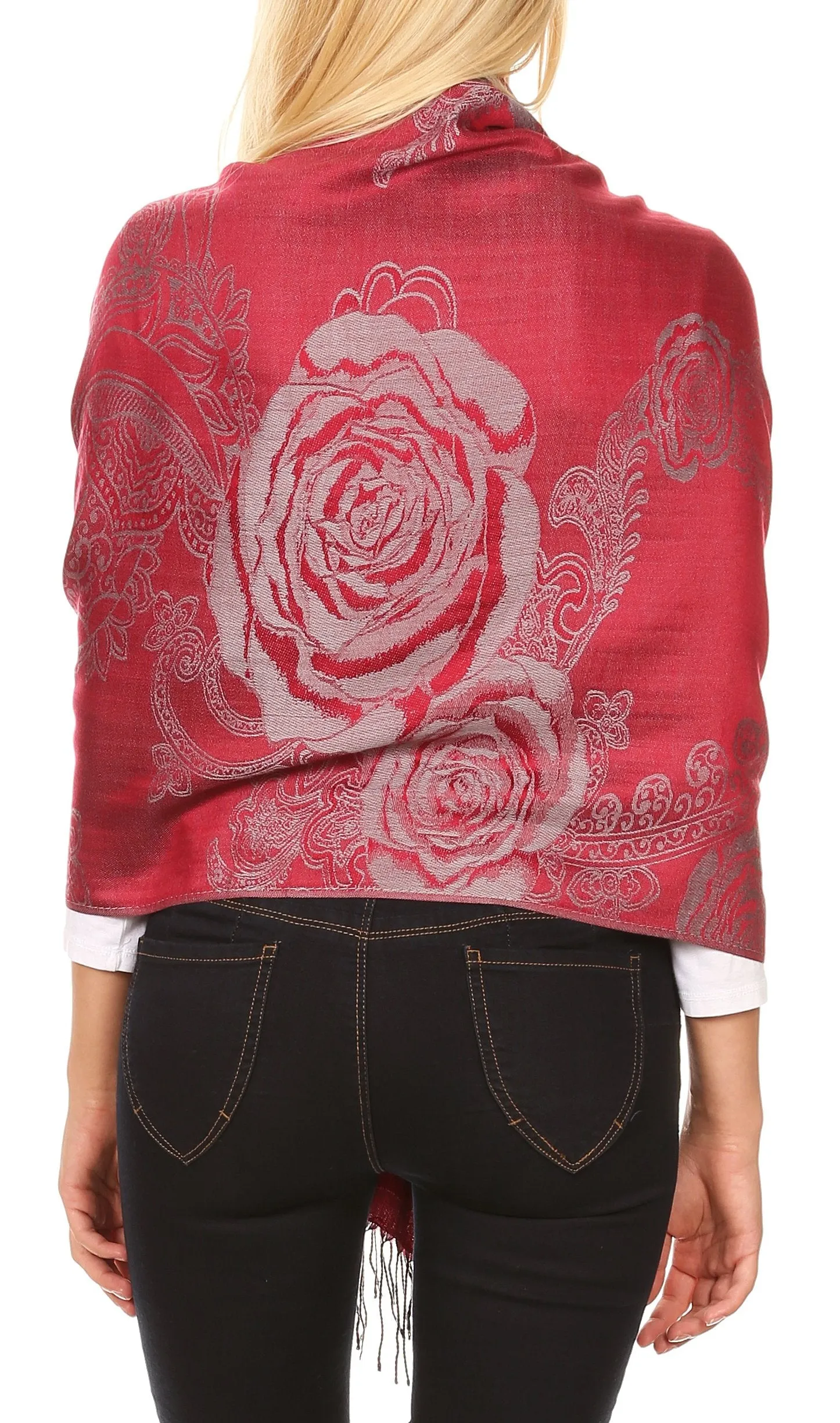 Sakkas Tessa Reversible Rose Brocade Warm Soft Scarf Wrap Stole with Fringe