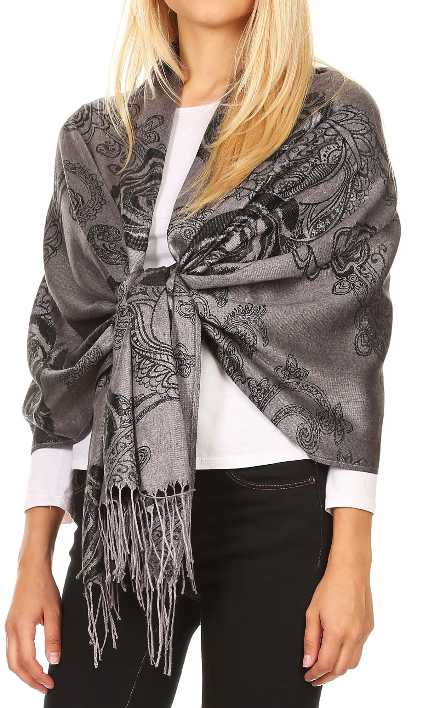 Sakkas Tessa Reversible Rose Brocade Warm Soft Scarf Wrap Stole with Fringe