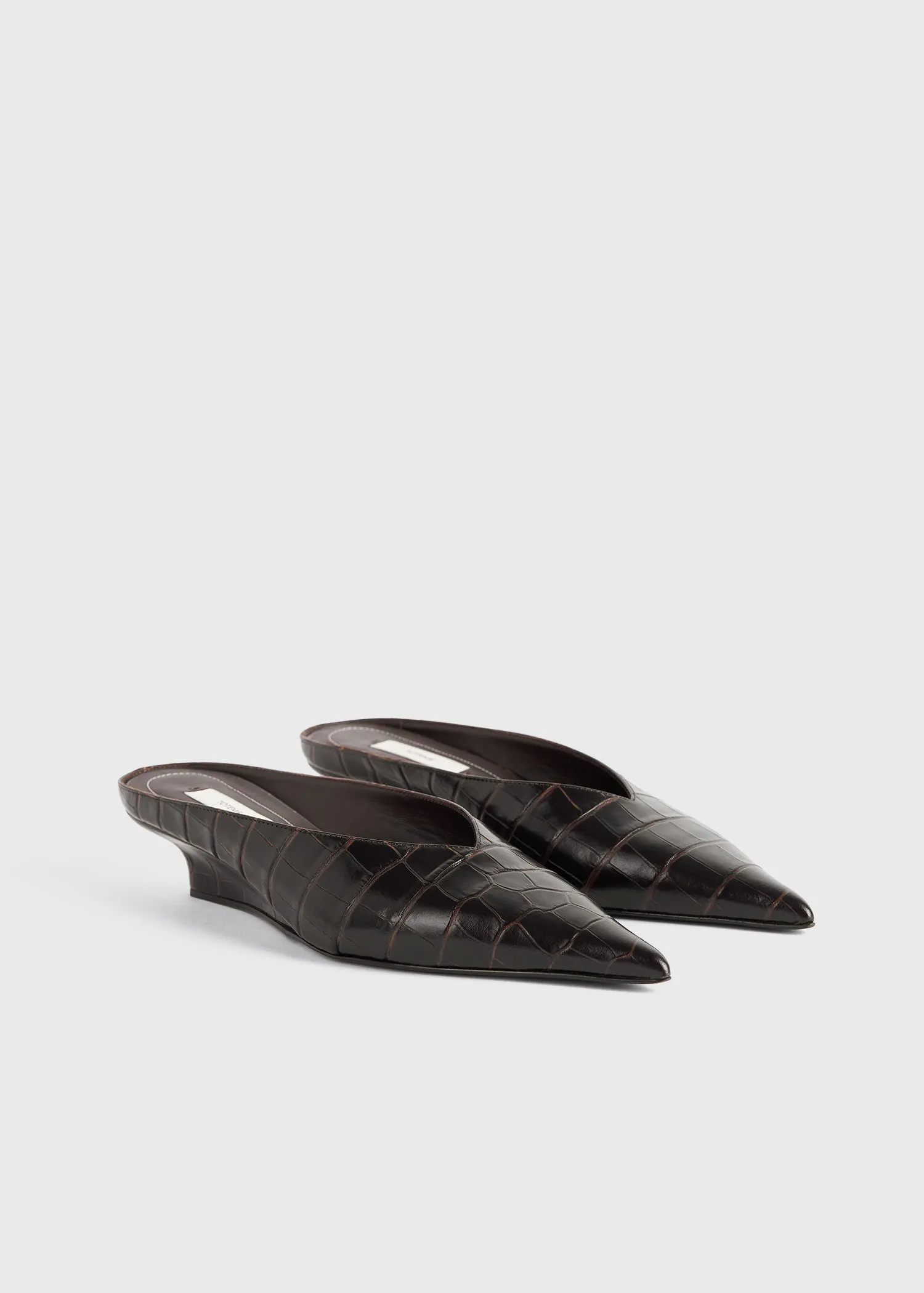 Sharp croco-embossed wedge mules dark brown