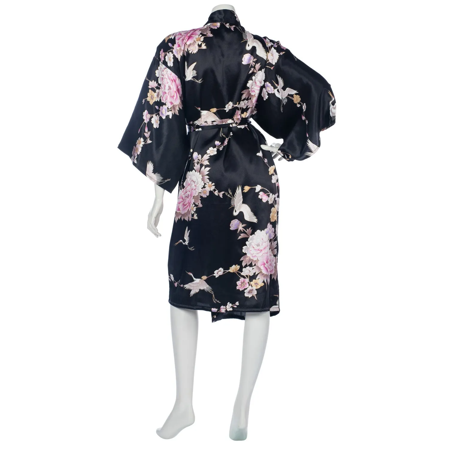 Short Black Silk Floral Crane Japanese Kimono