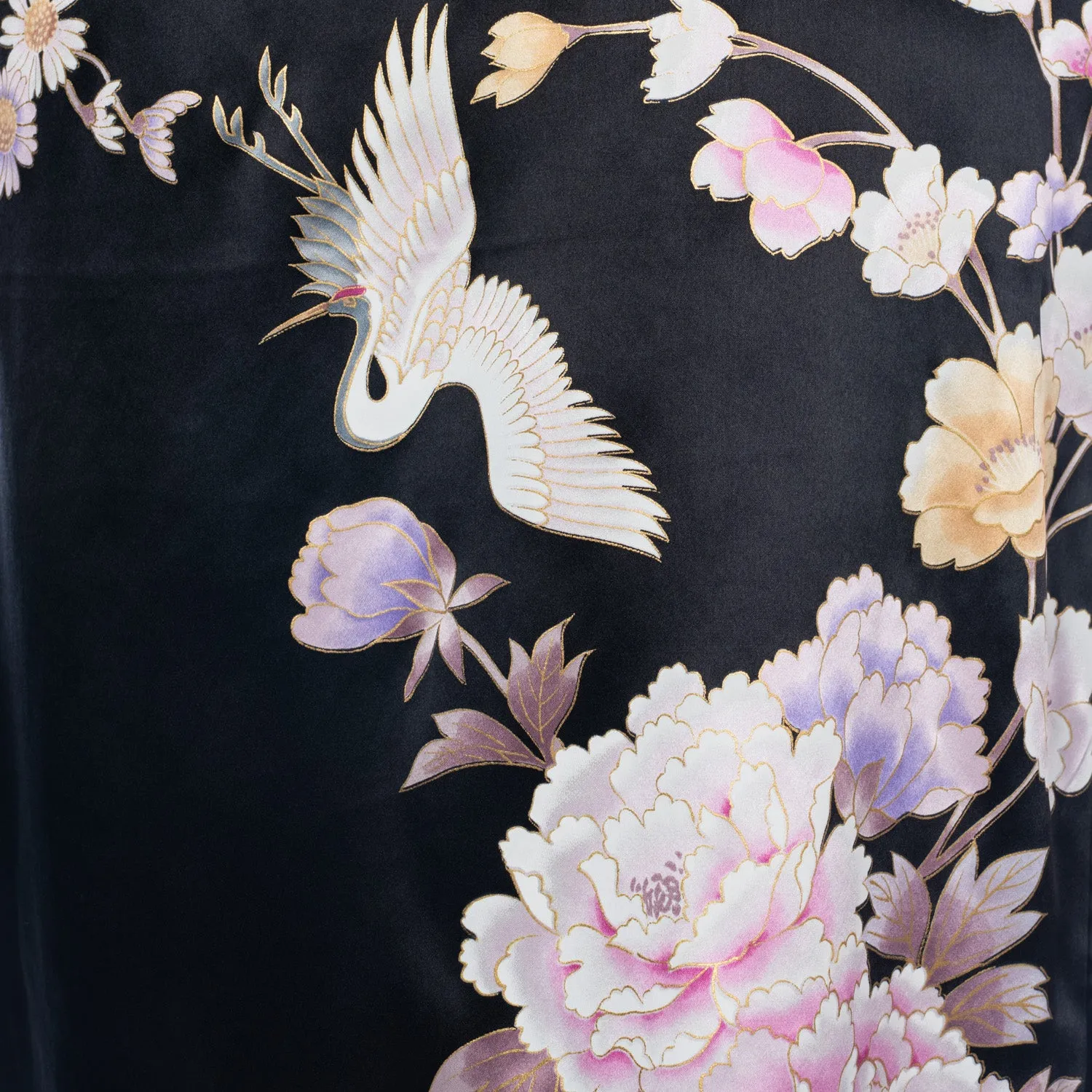 Short Black Silk Floral Crane Japanese Kimono