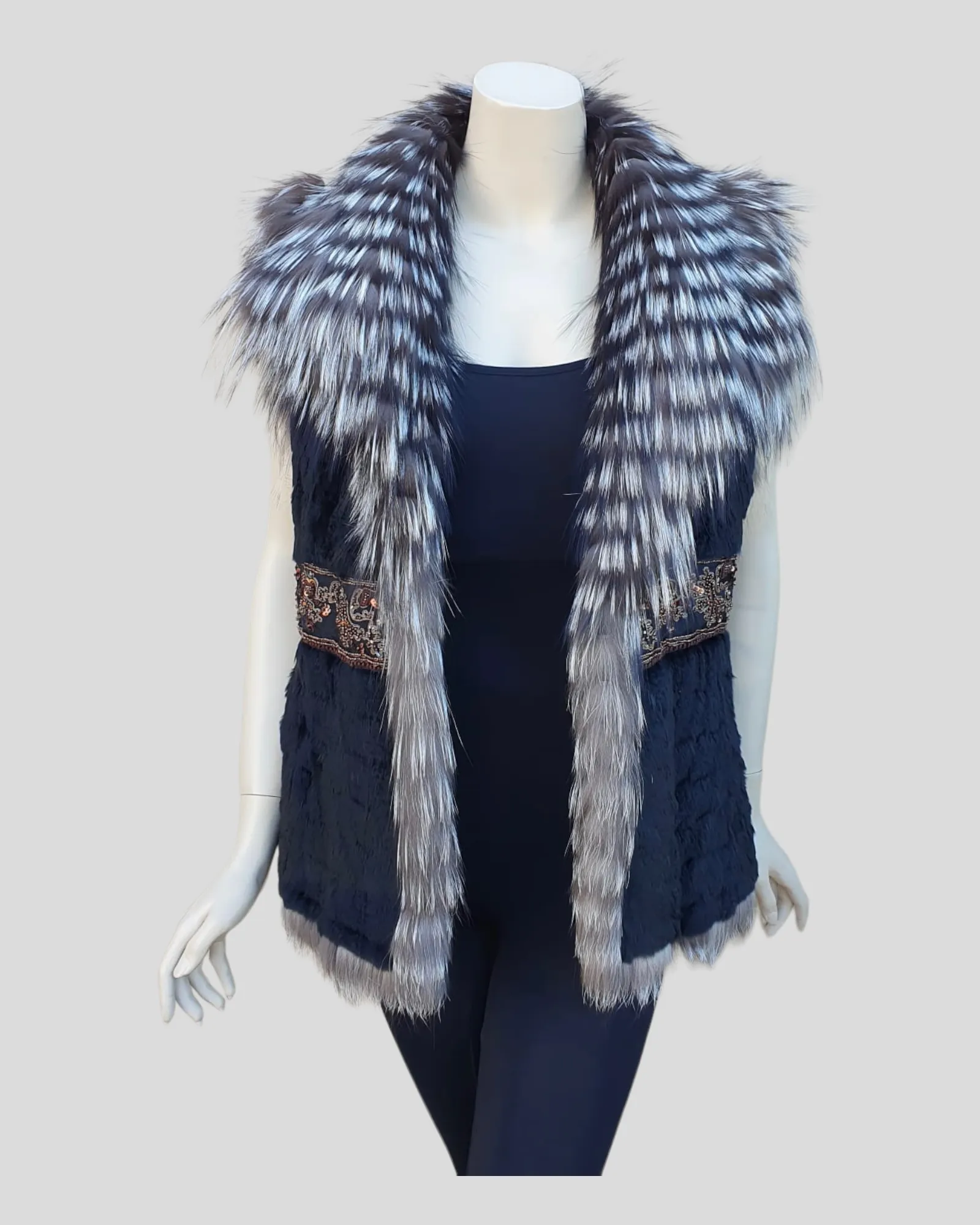 Silver Reversible Fox Fur and Mink Fur Vest -M/S