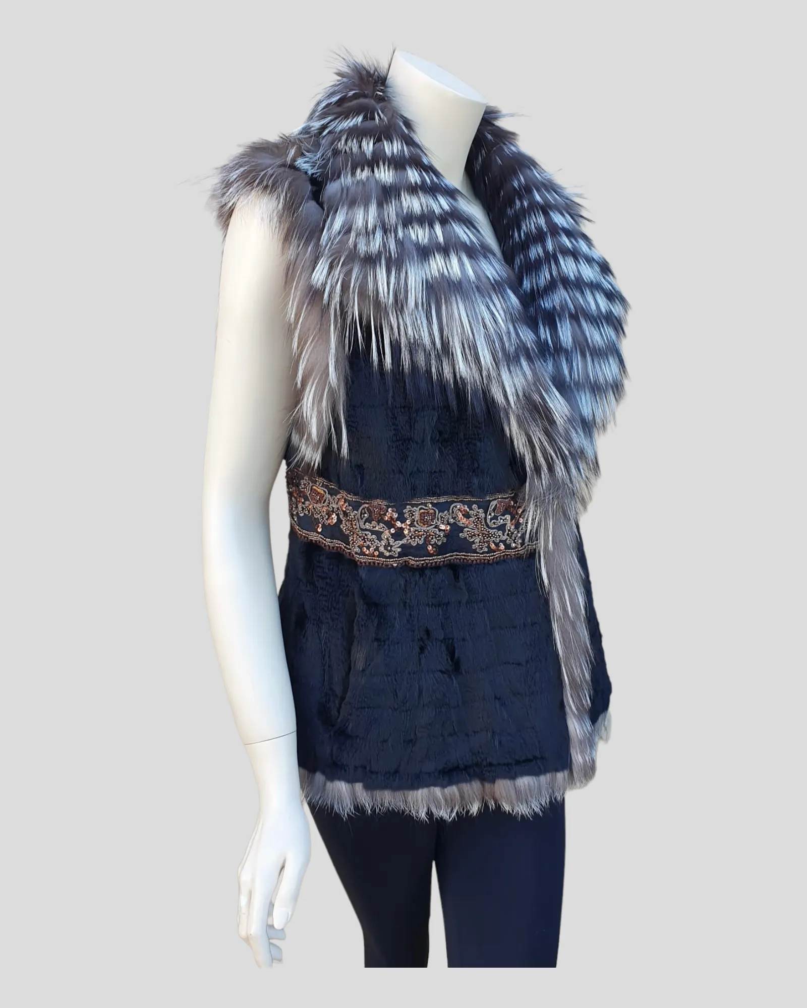 Silver Reversible Fox Fur and Mink Fur Vest -M/S