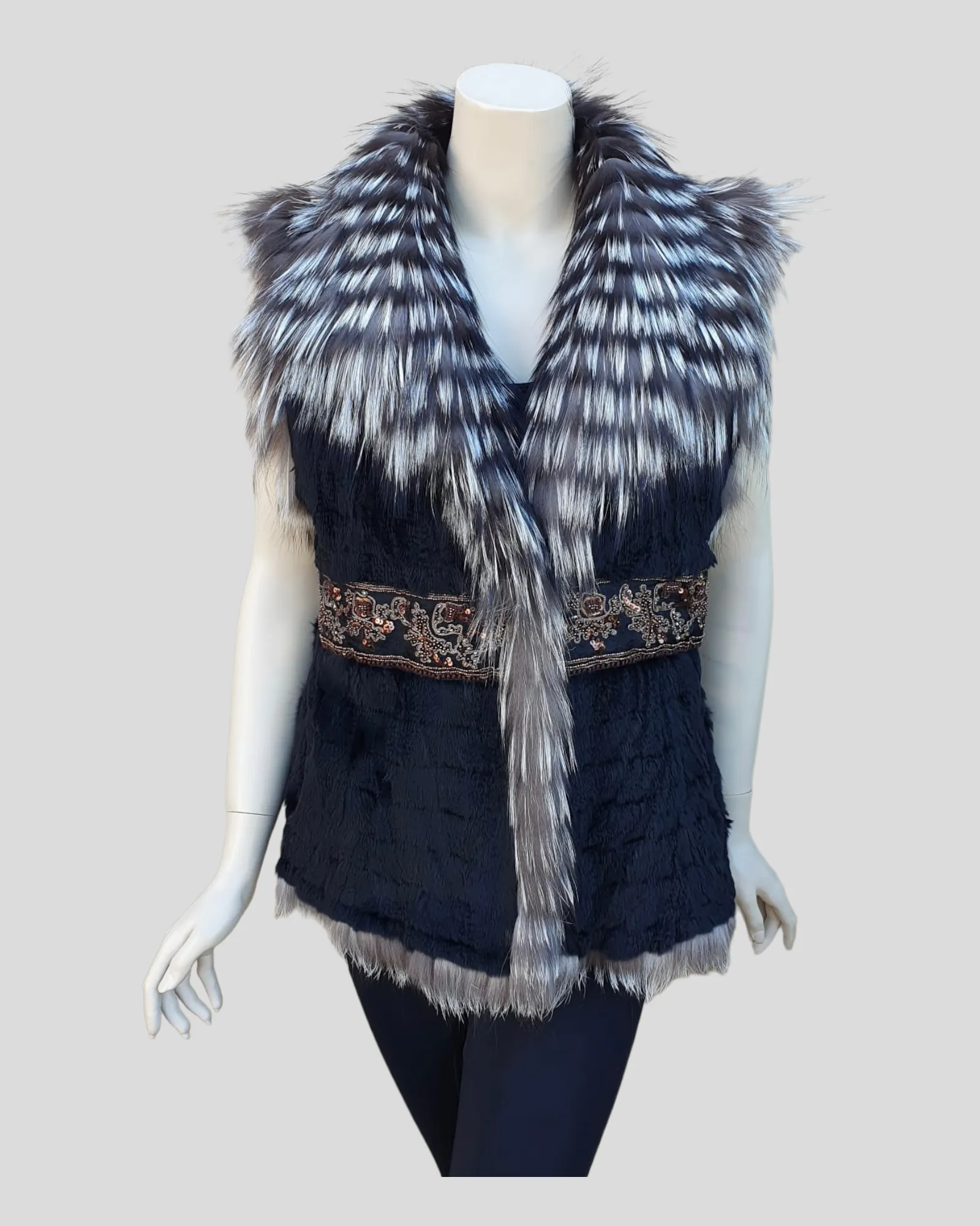 Silver Reversible Fox Fur and Mink Fur Vest -M/S