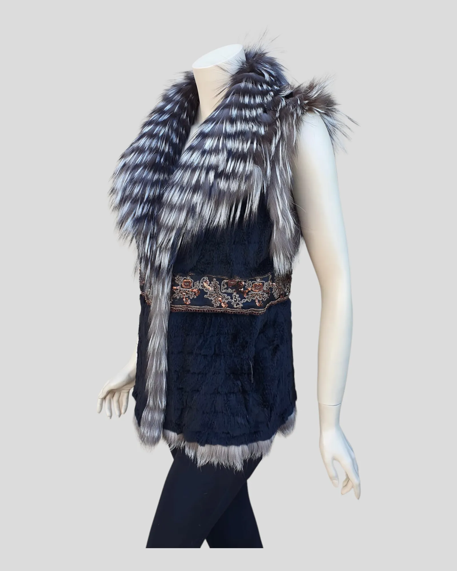 Silver Reversible Fox Fur and Mink Fur Vest -M/S