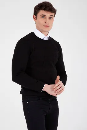 Slim Fit Black - Red Cotton Blend Crewneck Sweater