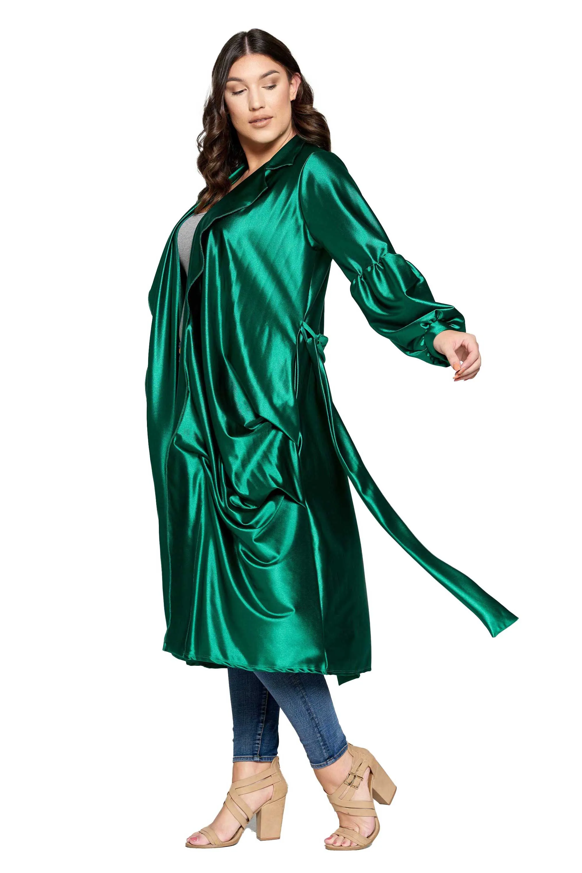 Soft Stretch Satin Belted Tie Coat