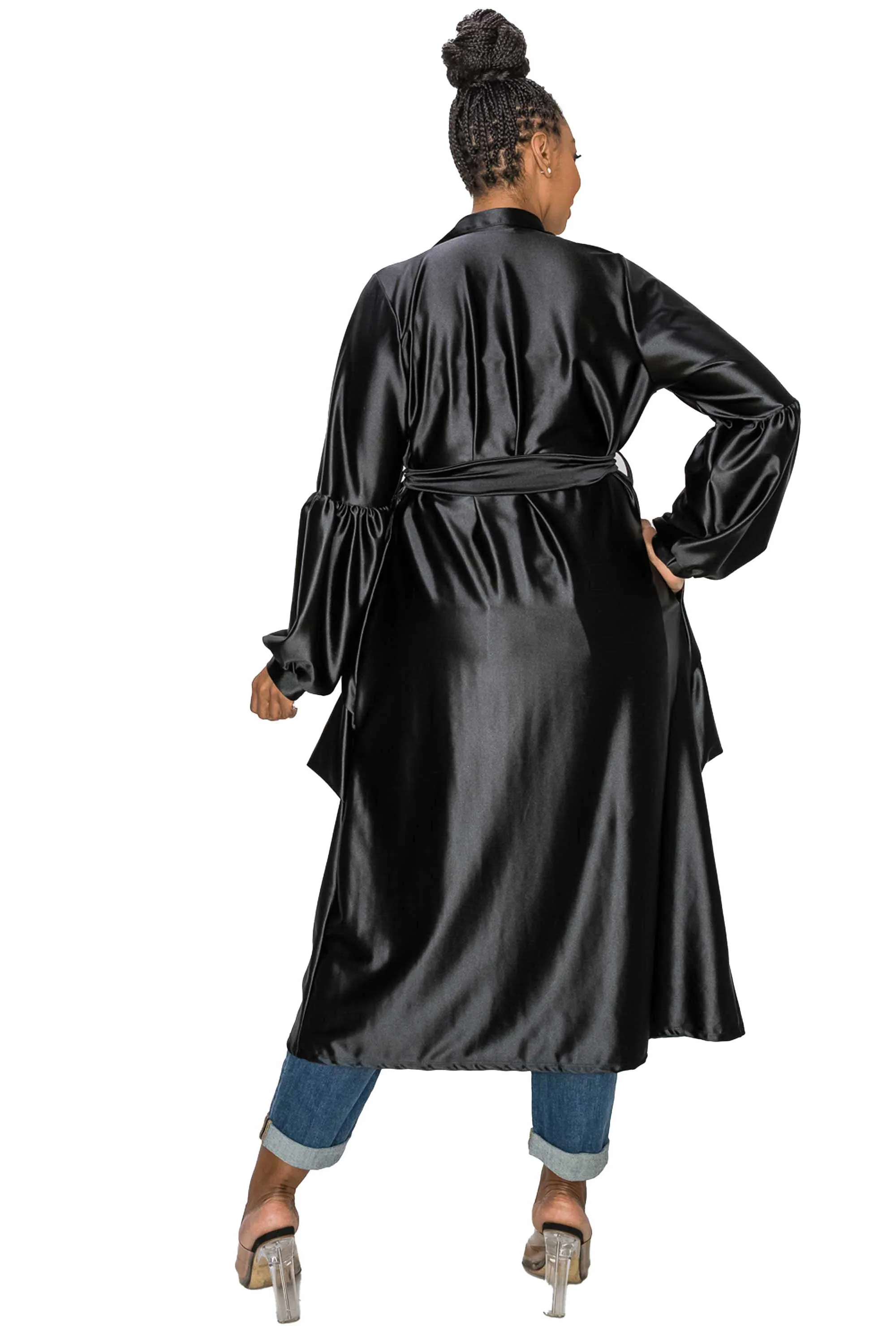 Soft Stretch Satin Belted Tie Coat