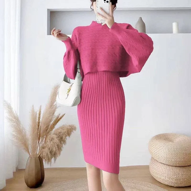 Solid Color Sweater Cardigan Knitted Camisole Dress Suit