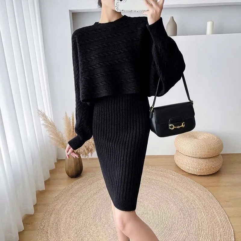 Solid Color Sweater Cardigan Knitted Camisole Dress Suit