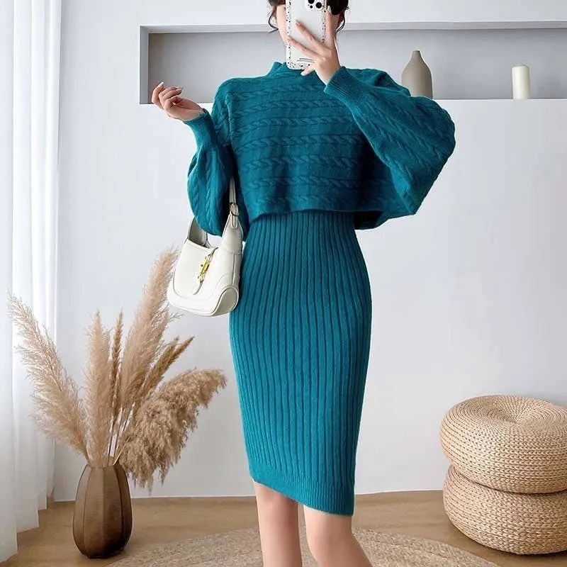 Solid Color Sweater Cardigan Knitted Camisole Dress Suit