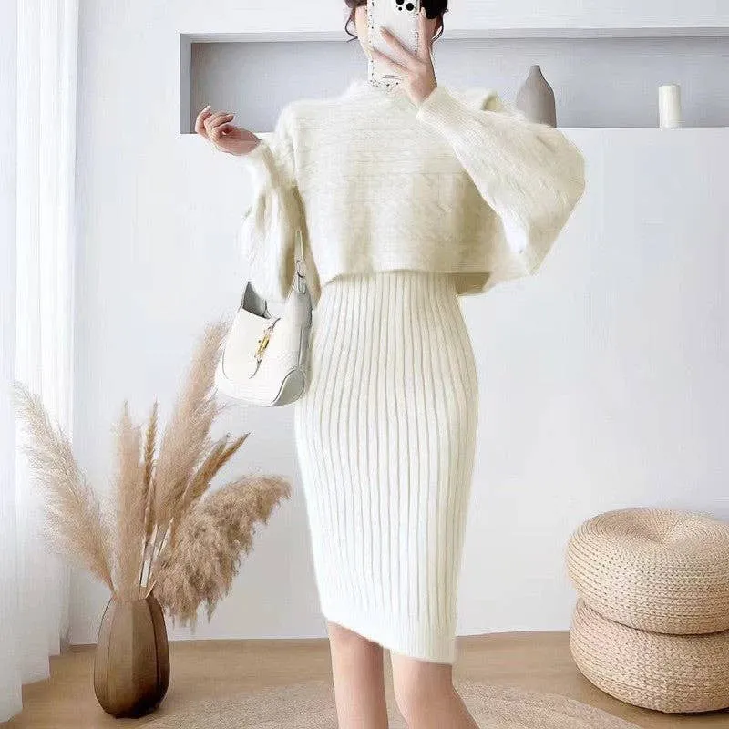 Solid Color Sweater Cardigan Knitted Camisole Dress Suit