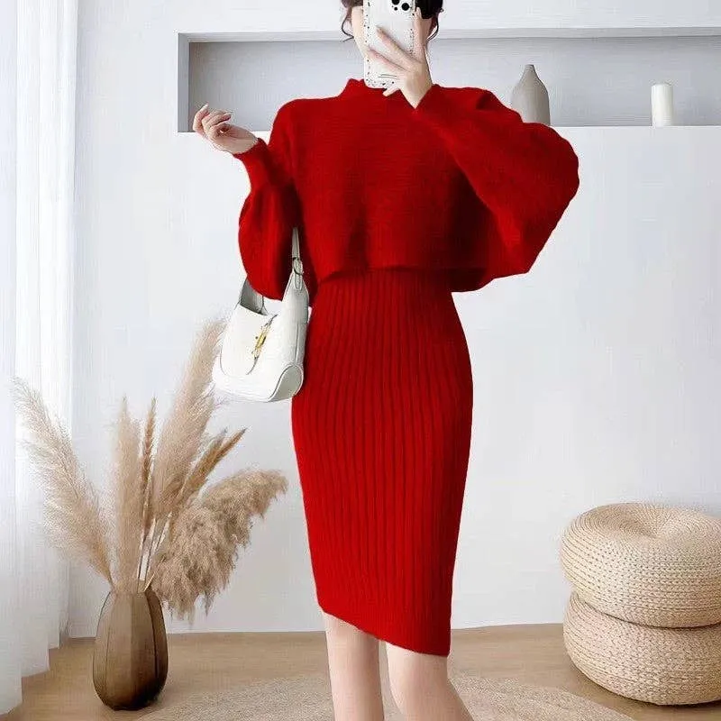 Solid Color Sweater Cardigan Knitted Camisole Dress Suit