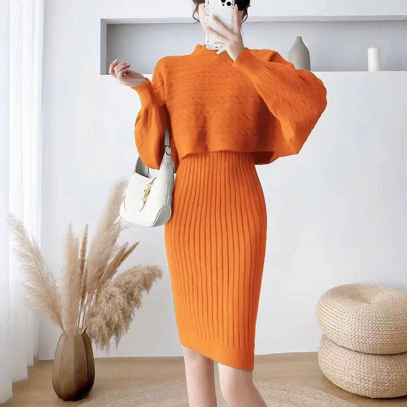 Solid Color Sweater Cardigan Knitted Camisole Dress Suit