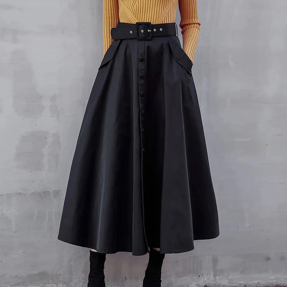 Solid Patchwork Belt Elegant Skirts For Women High Waist Loose Temperament Skirt Female Fashion Clothing