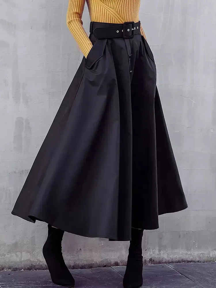 Solid Patchwork Belt Elegant Skirts For Women High Waist Loose Temperament Skirt Female Fashion Clothing