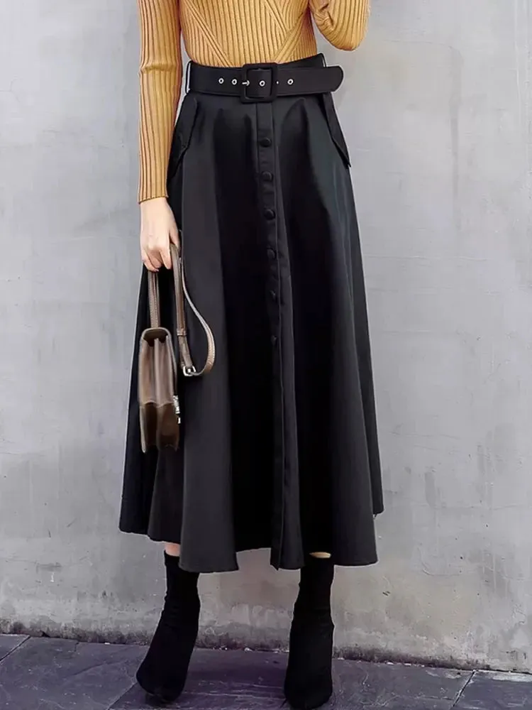 Solid Patchwork Belt Elegant Skirts For Women High Waist Loose Temperament Skirt Female Fashion Clothing