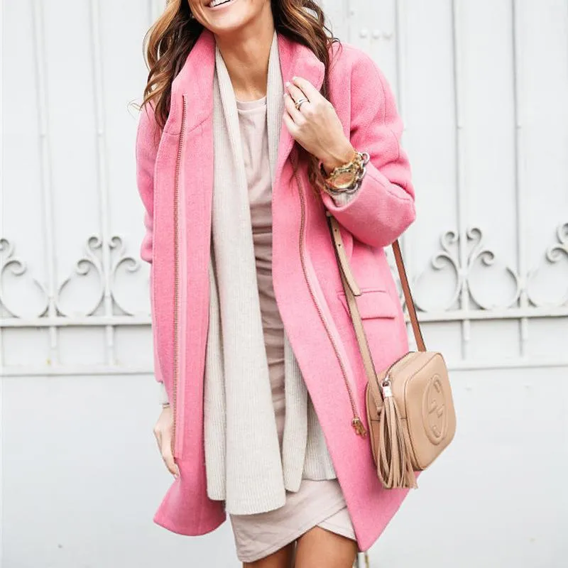 Solid Zipper Pocket Long Woolen Coat