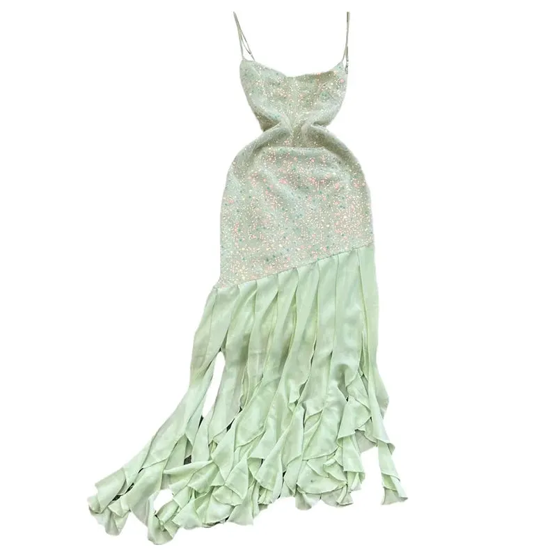 Sparkly Sequin Long Evening Party Gown Sexy V-neck Backless Irregular Tassels Pretty Elegant Fishtail Camisole Dress