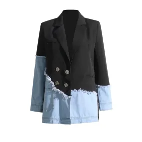 Spliced Denim Casual Blazers For Women Notched Collar Long Sleeve Patchwork Buttons Irregular Blazer Female Clothes