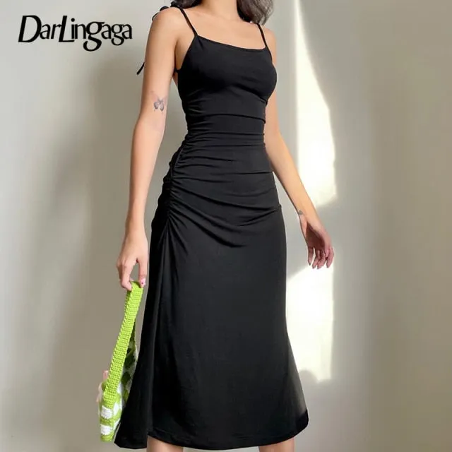 Strappy Ruched Black Irregular Elegant Backless Long Dress Party Summer Dress